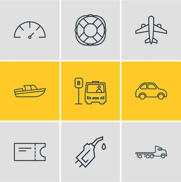9 ikonok vonalstílus könyv illusztrációja. Szerkeszthető sor cső benzin, repülőgép, buszmegálló és más ikon elemek. — Stock Fotó
