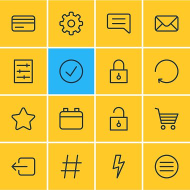 Vektör çizim 16 ek simgeler çizgi stili. Yorum, kredi kartı, takvim ve diğer simge öğeleri düzenlenebilir kümesi.