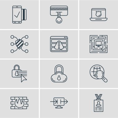 12 veri simgeler çizgi stili vektör Illustration. Güvenli Arama, güvenli ödeme, güvenlik ayarlarını ve diğer simge öğeleri düzenlenebilir kümesi.