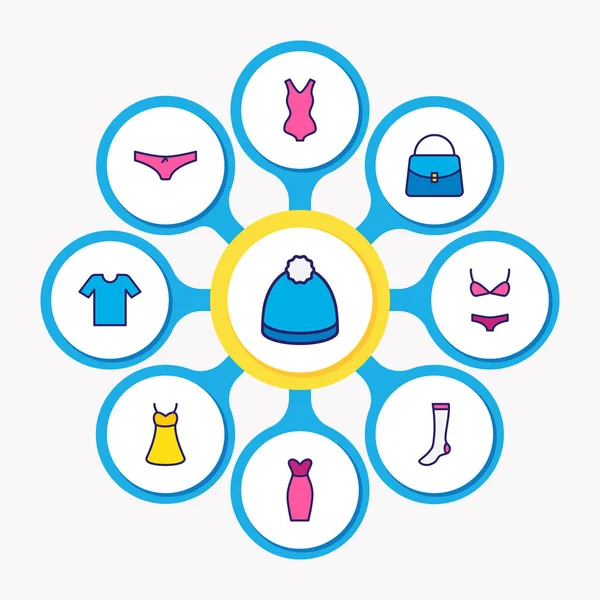 Ilustración vectorial de 9 iconos de prendas de vestir de línea de color. Conjunto editable de traje de baño, vestido de noche, calcetines y otros elementos del icono . — Vector de stock