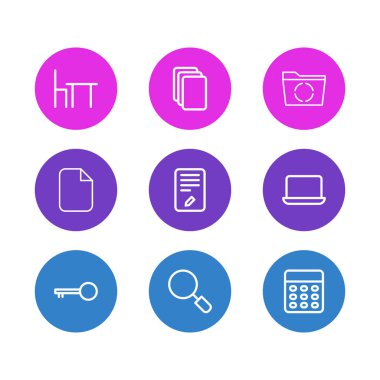 9 office simgeleri çizgi stili Illustration. Çalışma alanı, hesap makinesi, yeniden yükle ve diğer simge öğeleri düzenlenebilir kümesi.