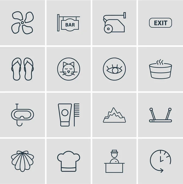 Illustratie van 16 reizen pictogrammen lijnstijl. Bergen, chef-kok hoed, oogpunt en andere elementen van het pictogram bewerkbaar set. — Stockfoto