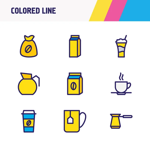 9 içki simgeler renkli çizgi gösterimi. Ürün, kahve paketi, kahve ve diğer simge öğeleri düzenlenebilir kümesi. — Stok fotoğraf