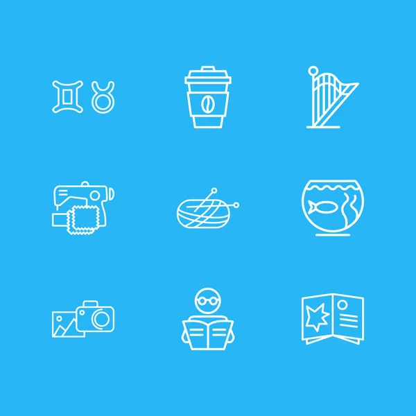 Illustration of 9 activities icons line style. Editable set of sewing, aquarium, reading and other icon elements. — Stock Photo, Image