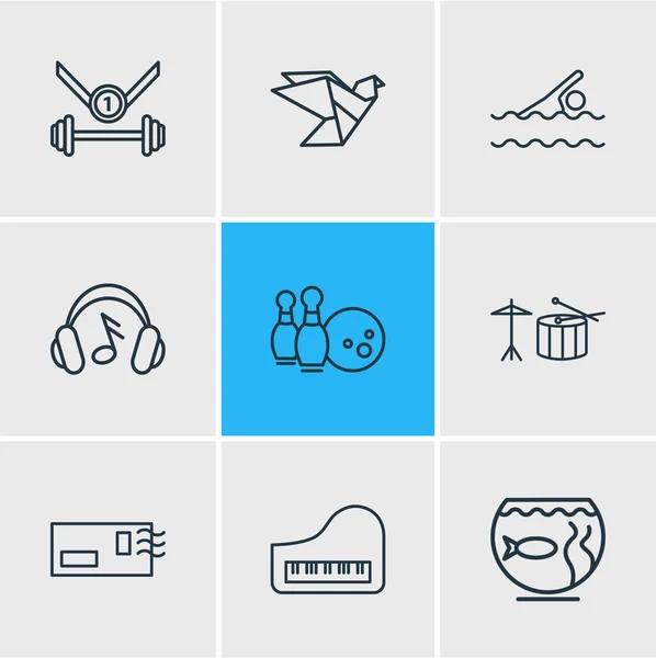 Illustratie van 9 hobby pictogrammen lijnstijl. Hoofdtelefoon, origami, sport en andere elementen van het pictogram bewerkbaar set. — Stockfoto