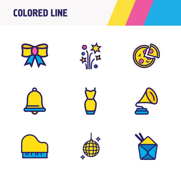 Ilustración de 9 iconos de eventos línea de color. Conjunto editable de comida china, piano, arco festivo y otros elementos del icono . —  Fotos de Stock
