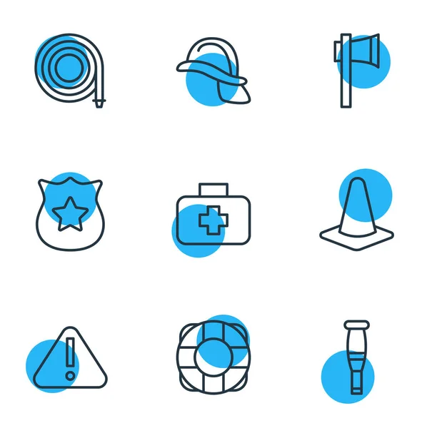 Illustrasjon av 9 nødikonlinjestil. Enkelt sett med førstehjelpsskrin, krykker, kjegle og andre ikonelementer . – stockfoto
