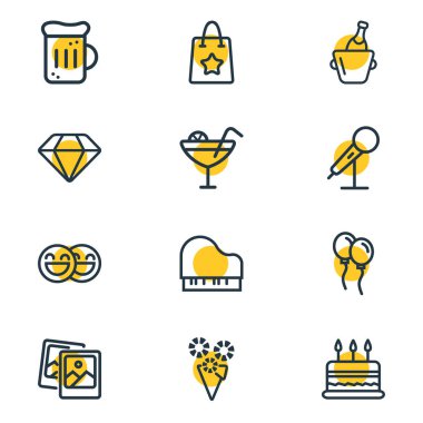 12 kutlama simgeler çizgi stili vektör Illustration. Mikrofon, şarap şişesi, bira bardağı ve diğer simge öğeleri düzenlenebilir kümesi.