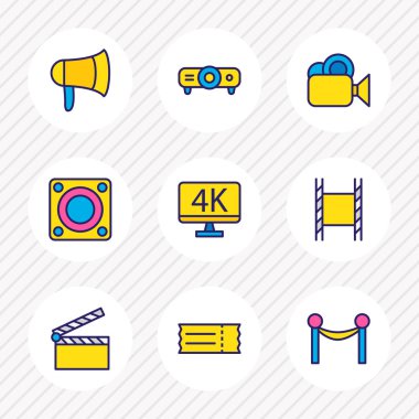 9 film simgelerini renkli çizgi vektör Illustration. Video kamera, tokmağı, 4 k çözünürlük ve diğer simge öğeleri düzenlenebilir kümesi.