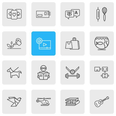 16 yaşam tarzı simgeleri çizgi stili vektör Illustration. Düzenlenebilir iskambil kartları, okuma, postcrossing ve diğer simge öğeleri kümesi.