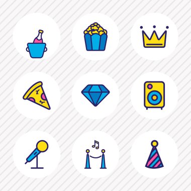 9 parti simgeler renkli çizgi vektör Illustration. Hoparlör, şarap şişesi, mikrofon ve diğer simge öğeleri düzenlenebilir kümesi.