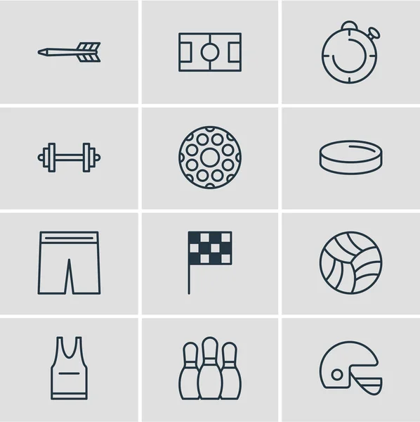 Vectorillustratie van 12 sport pictogrammen lijnstijl. Vlag, shorts, uniform en andere elementen van het pictogram bewerkbaar set. — Stockvector