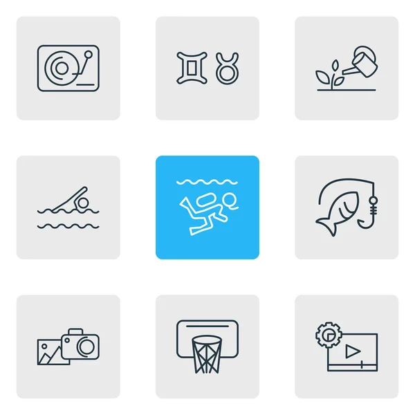 Illustratie van 9 activiteiten pictogrammen lijnstijl. Fotografie, video maker, duiken en andere elementen van het pictogram bewerkbaar set. — Stockfoto