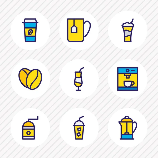 Abbildung von 9 Java-Symbolen farbige Linie. editierbares Set aus Kaffeebohnen, Kaffeemaschine, Kaffeebecher und anderen Symbolelementen. — Stockfoto