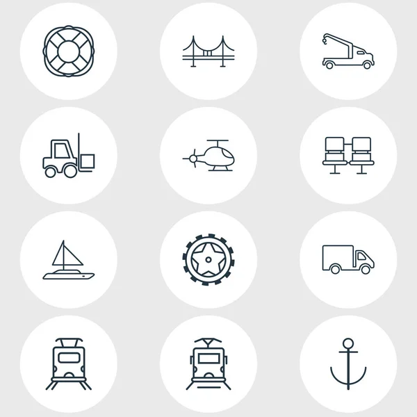 12 közlekedési ikonok vonalstílus illusztrációja. Autódaru, híd, horgony és más ikon elemek szerkeszthető készlet. — Stock Fotó