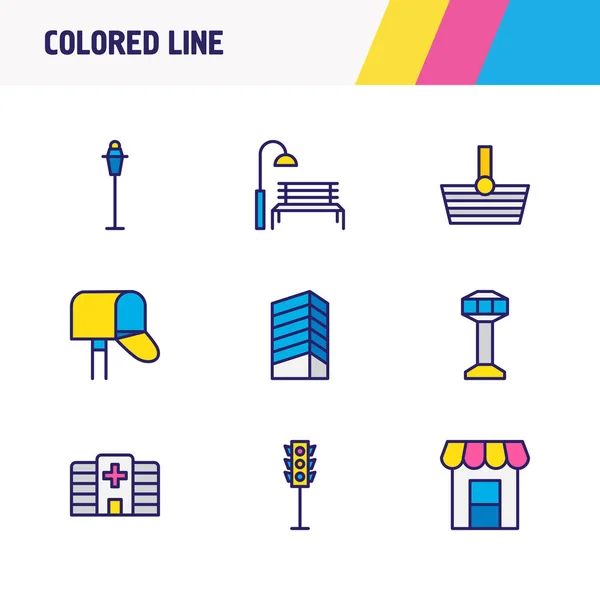 Ілюстрація 9 міських іконок кольорової лінії. Набір елементів магазину, лікарні, парку та інших значків . — стокове фото