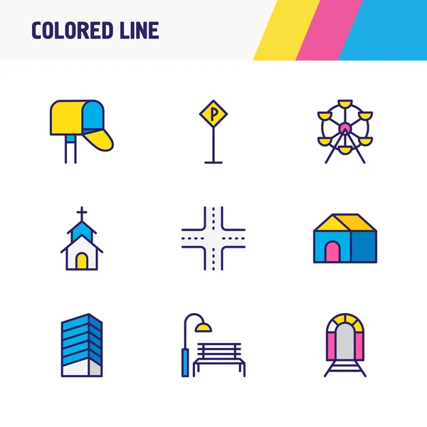 illustration of 9 city icons colored line. Editable set of park, house, railway and other icon elements.