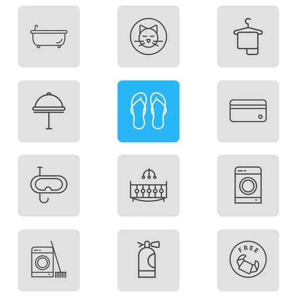 Illustration of 12 tourism icons line style. Editable set of washing machine, flip flops, bathtub and other icon elements. — Stock Photo, Image