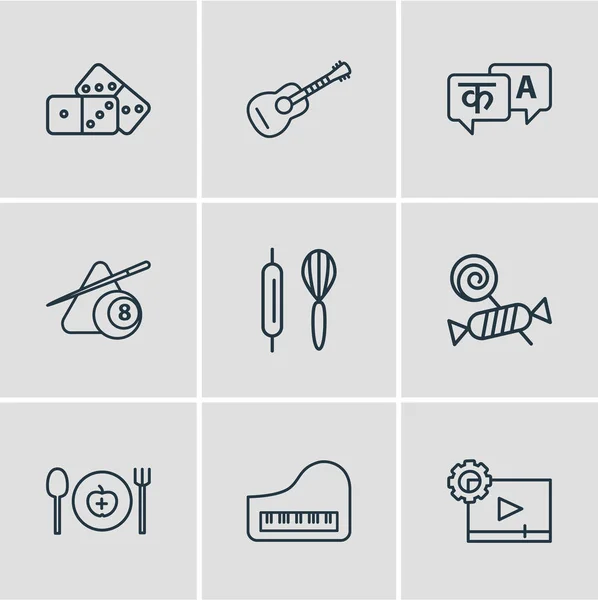 Ábra 9 szórakoztató ikonok vonalstílus. Szerkeszthető csoportja, gitár, sütés, domino és más ikon elemek. — Stock Fotó