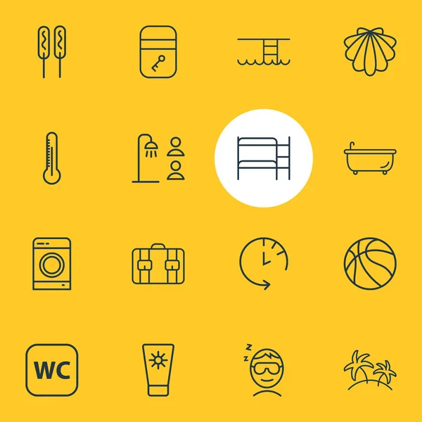 Illustratie van 16 hotel pictogrammen lijnstijl. Bewerkbare set van basketbal, gedeelde badkamer, check out tijd en andere elementen van het pictogram. — Stockfoto
