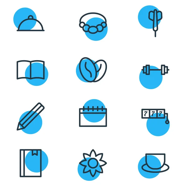 illustration of 12 hobby icons line style. Editable set of tea, accessory, barbell and other icon elements.
