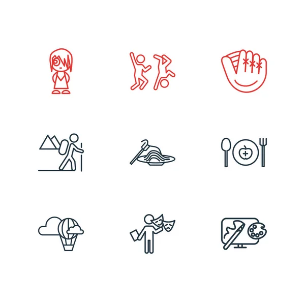 illustration of 9 hobby icons line style. Editable set of hiking, dancing, design and other icon elements.