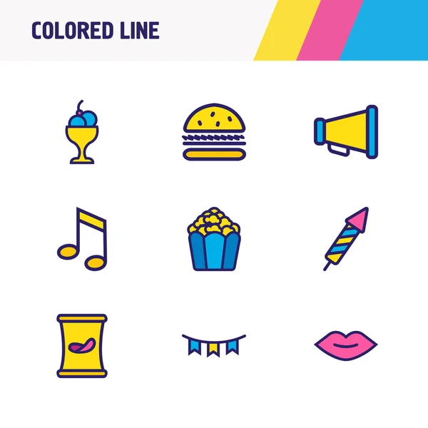 Иллюстрация 9 отмечать иконки цветной линии. Набор фейерверков, музыкальных нот, гамбургеров и других иконических элементов . — стоковое фото