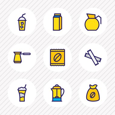 9 java simgeler renkli çizgi vektör Illustration. Soğuk kahve, şeker, ürün ve diğer simge öğeleri düzenlenebilir kümesi.
