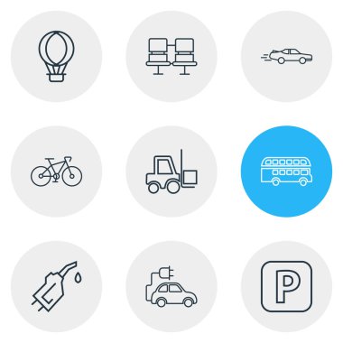 Vektör çizim simgeler çizgi stili taşıyan 9. Yolcu koltukları, Çift katlı otobüs, forklift ve diğer simge öğeleri düzenlenebilir kümesi.