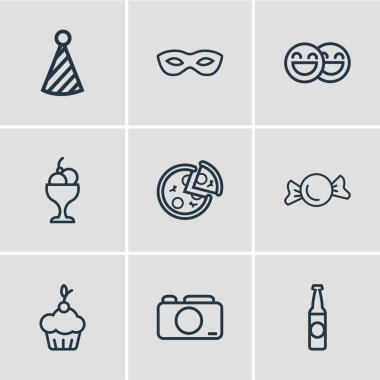 9 vektör çizim simgeler çizgi stilini kutlamak. Maskeli balo, dondurma tabağı, bira şişesi ve diğer simge öğeleri düzenlenebilir kümesi.