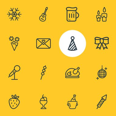 16 olay simgeler çizgi stili vektör Illustration. Düzenlenebilir dizi Türkiye, dondurma kase, mum simgesi öğeleri.