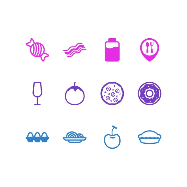 Vektoros illusztráció 12 élelmiszer ikonok vonalstílust. Szerkeszthető készlet-ból vacsorára hely, pite, szalonna és egyéb ikon. — Stock Vector