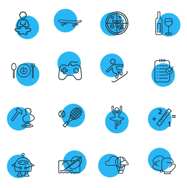 16爱好图标线条样式的向量例证。可编辑的瑜伽、网球、机器人和其他图标元素集. — 图库矢量图片