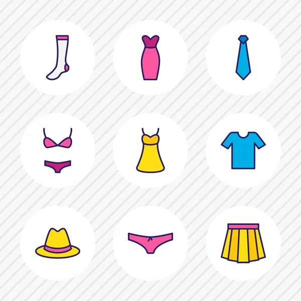 9 ドレス アイコン色の線のベクトル イラスト。帽子、ネクタイ、スカート、その他アイコン要素の編集可能なセット. — ストックベクタ