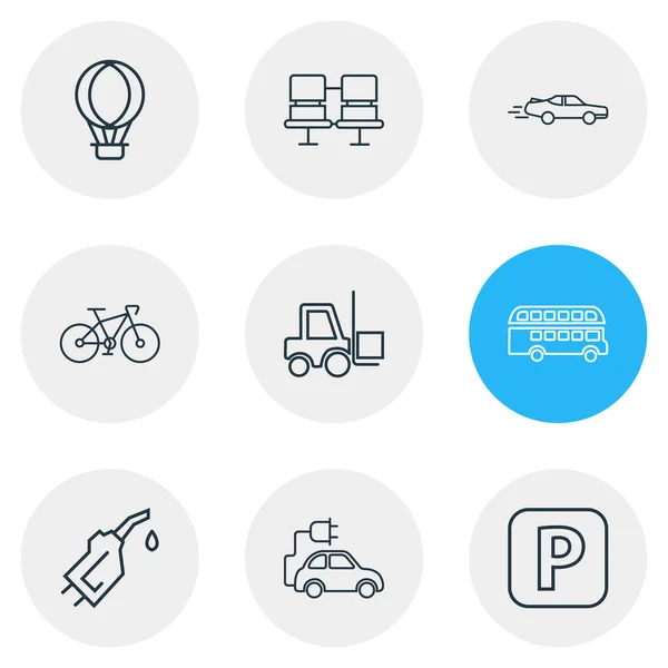 Illustrazione vettoriale di 9 icone che trasportano lo stile della linea. Set modificabile di sedili per passeggeri, autobus a due piani, carrello elevatore e altri elementi icona . — Vettoriale Stock