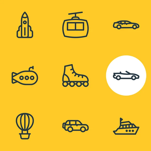 Векторная иллюстрация стиля 9 иконок автомобиля. Набор столов для яхт, роликовых коньков, каюты и других знаковых элементов . — стоковый вектор