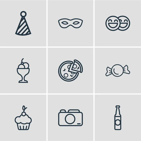 Ilustración vectorial de 9 celebrar iconos estilo de línea. Conjunto editable de mascarada, tazón de helado, botella de cerveza y otros elementos del icono . — Archivo Imágenes Vectoriales