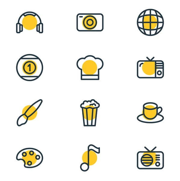 Ilustración vectorial de 12 iconos de entretenimiento estilo de línea. Conjunto editable de palomitas de maíz, paleta, radio y otros elementos del icono . — Archivo Imágenes Vectoriales