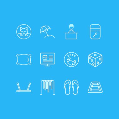 12 otel simgeler çizgi stili Illustration. Tenis Kortu, yönlendirici, yastık ve diğer simge öğeleri düzenlenebilir kümesi.