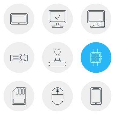 9 defter simgeler çizgi stili Illustration. Işıldak, sd kart, manevra kolu ve diğer simge öğeleri düzenlenebilir kümesi.