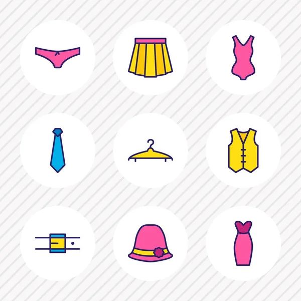 Illustration de 9 vêtements icônes ligne colorée. Ensemble modifiable de ceinture, chapeau, jupe et autres éléments d'icône . — Photo
