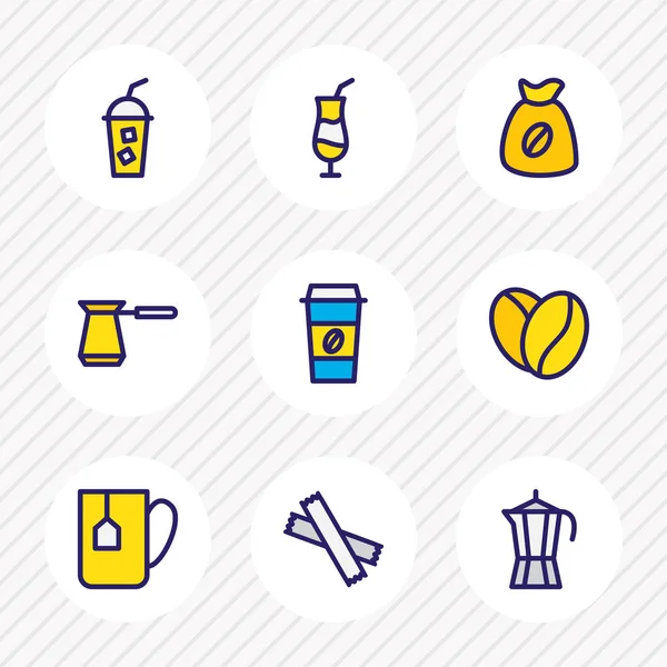 Ilustración de 9 iconos de la bebida línea de color. Conjunto editable de café para llevar, café frío, cezve y otros elementos del icono . —  Fotos de Stock