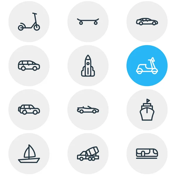 12 jármű ikonok vonalstílus illusztrációja. Szerkeszthető csoportja, kick scooter, közepes autó, hajó és egyéb ikon. — Stock Fotó