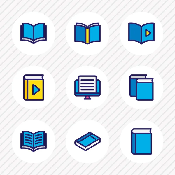 Illustratie van 9 boekpictogrammen lezing gekleurde lijn. Bewerkbare set leerboek, publiceren, speler en het andere pictogram elementen. — Stockfoto