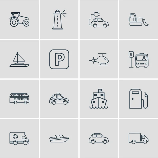 Illustrazione di 16 icone di trasporto stile linea. Set modificabile di eco-car, nave da crociera, stazione degli autobus e altri elementi icona . — Foto Stock