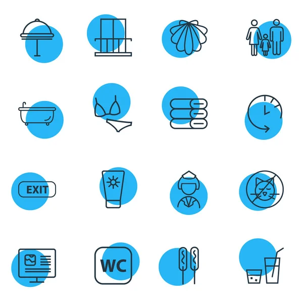 Illustrazione di 16 icone del turismo stile linea. Set modificabile di servo, uscita, conchiglia e altri elementi icona . — Foto Stock