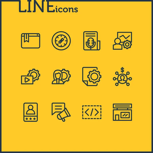 Ilustración de 12 iconos de marketing estilo de línea. Conjunto editable de consultoría SEO, negocio local, rueda de enlace y otros elementos del icono . — Foto de Stock