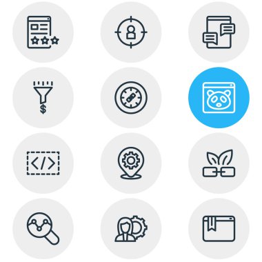 12 simgeleri çizgi stili pazarlama vektör Illustration. Yorum, blog Rating düzenlenebilir dizi analiz, özel kodlama ve diğer simge öğeleri.