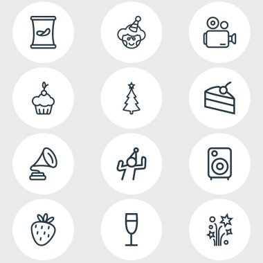 12 kutlama simgeler çizgi stili vektör Illustration. Çilek, şampanya, video kamera ve diğer simge öğeleri düzenlenebilir kümesi.