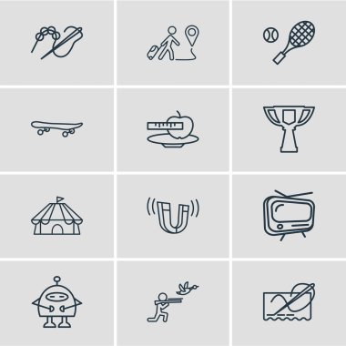 12 eğlence simgeler çizgi stili vektör Illustration. Düzenlenebilir tv, dikişi, tenis ve diğer simge öğeleri kümesi.